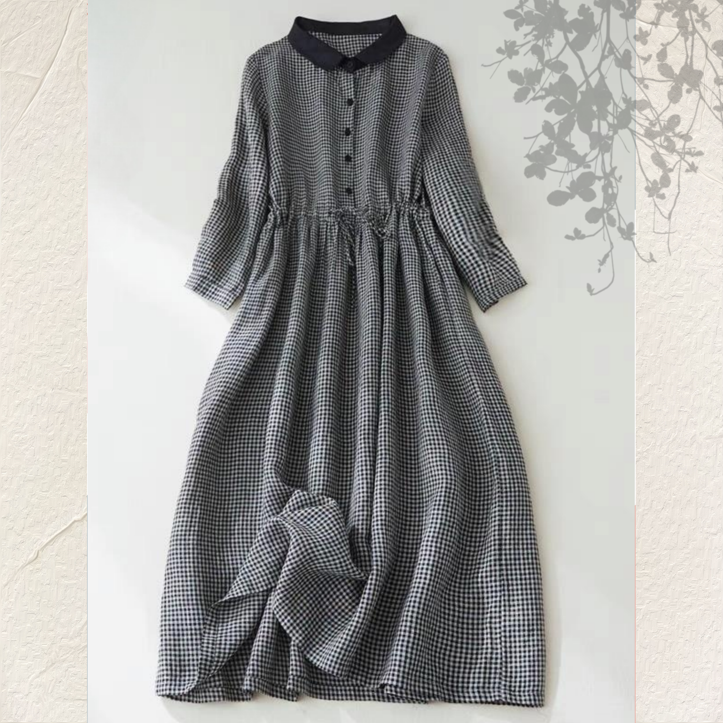 近年モデル　rehellinen　重ね着　シャツワンピース　ロングジレ　綿麻 近年モデル　rehellinen　重ね着　シャツワンピース　ロングジレ　綿麻