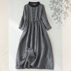 シャツワンピース 長袖 ロングワンピース 綿麻 体型カバー 春 秋 【M