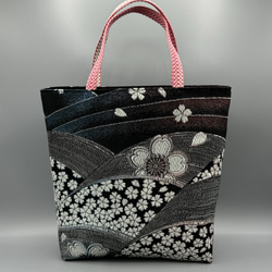 着物 帯 リメイク ハンドメイド トートバッグ 黒 帯締め 桜 トート