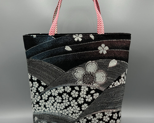 着物 帯 リメイク ハンドメイド トートバッグ 黒 帯締め 桜 トート