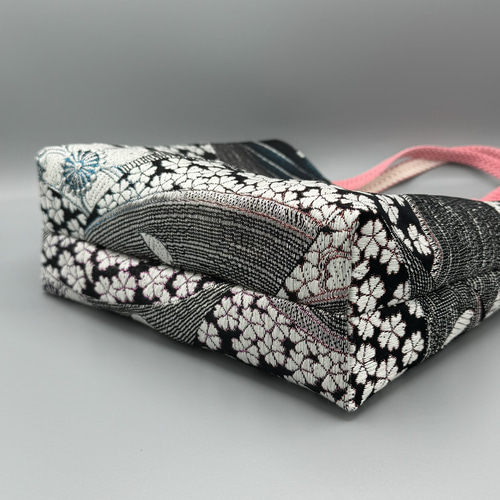 着物 帯 リメイク ハンドメイド トートバッグ 黒 帯締め 桜 トート