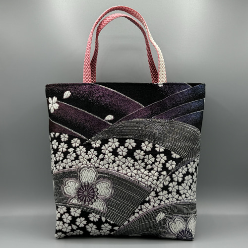 着物 帯 リメイク ハンドメイド トートバッグ 黒 帯締め 桜 トート