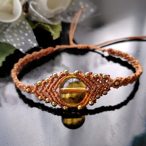 シトリン】天然石 マクラメ ブレスレット 黄色 ゴールドビーズ  