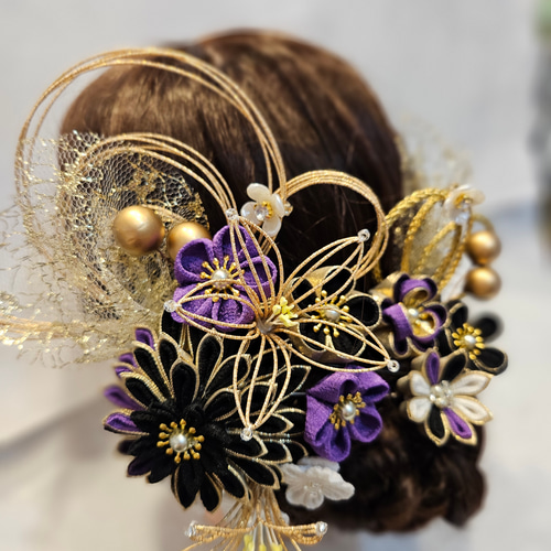 つまみ細工&水引&チュール 成人式、卒業式、婚礼などの髪飾り｢黒、紫
