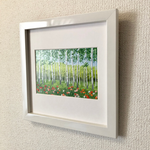 白樺林」アクリル画 原画 風景画 額縁付 ハガキサイズ 絵画 Oni 白樺林」アクリル画 原画 風景画 額縁付 ハガキサイズ 絵画 Oni