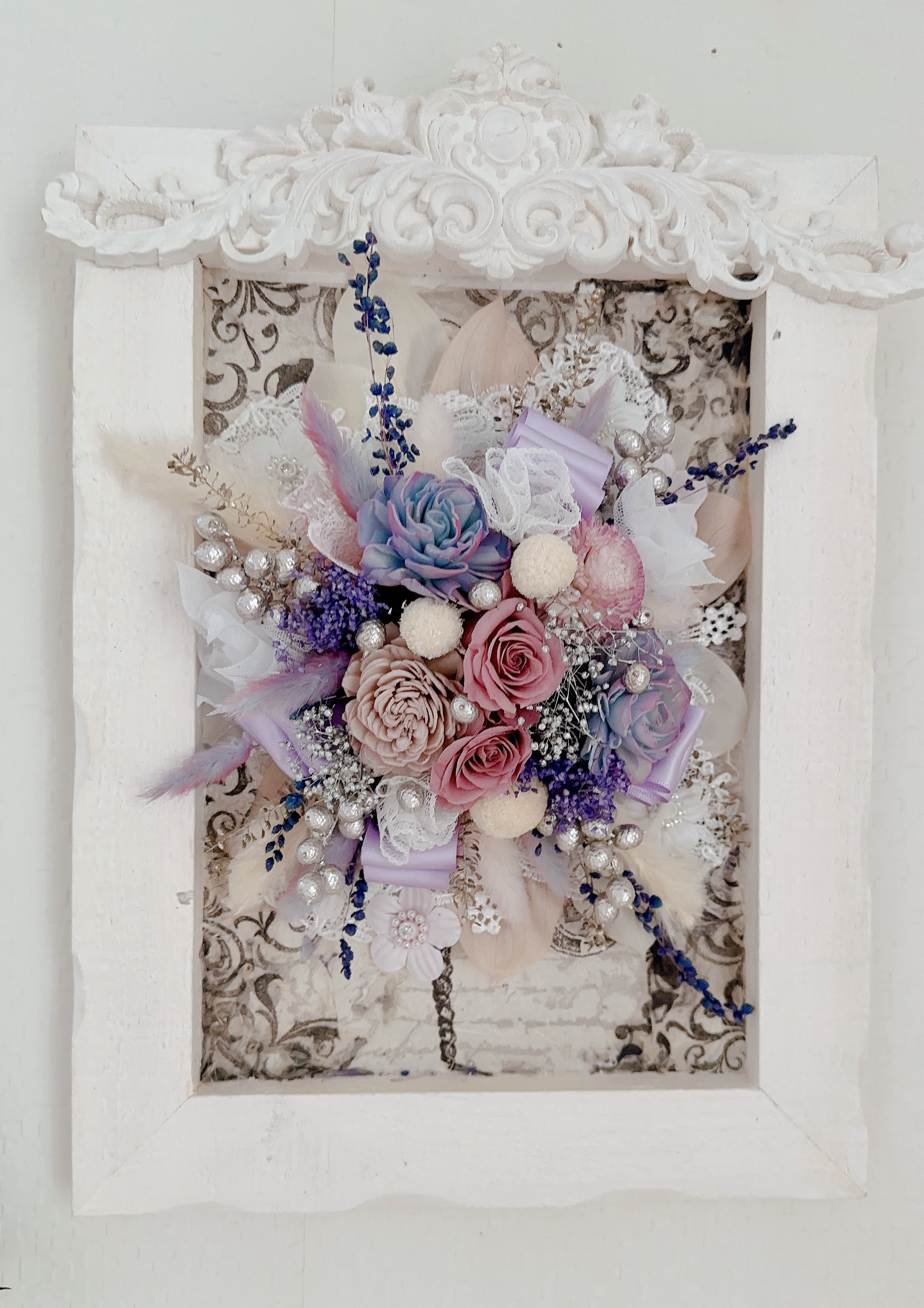 ❤️SALE❤️shabbyパープルデコパージュ壁掛けアレンジ