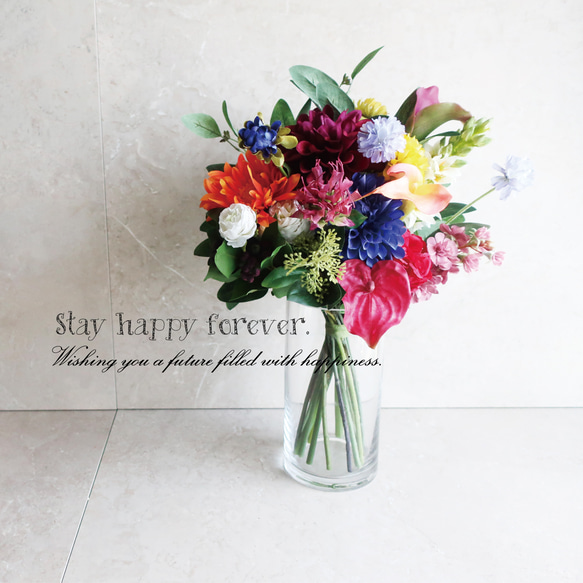 ビビッドカラーブーケ　アーティフィシャルフラワー ＊フラワーベース付き＊　Bonbon                                     アーティフィシャルフラワー(造花)ブーケです。ブーケ＋フラワーベースの2点セットです。色鮮 C1960848117(15000円)