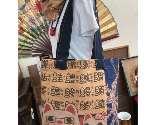 猫柄の手ぬぐいの柿渋染めトートバッグ 手ぬぐいリメイク トート