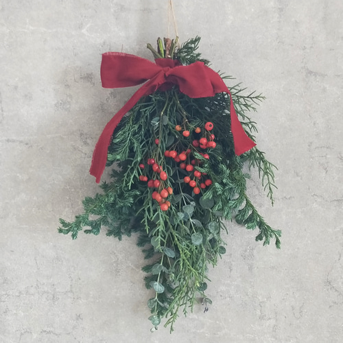 クリスマス(*^^*)縦長スワッグ　フレッシュ クリスマスフレッシュ薄型スワッグ♫ グリーン×赤 スワッグ