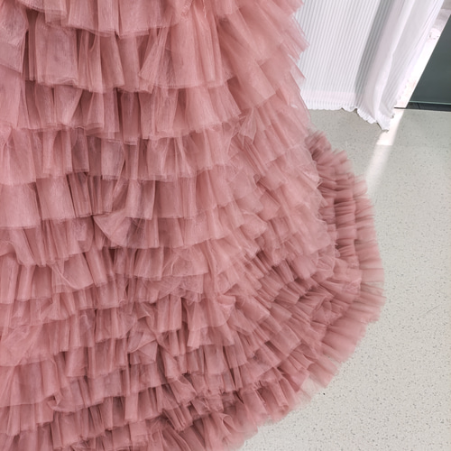 カラードレス ピンク ベアトップ ビロード チュールスカート  