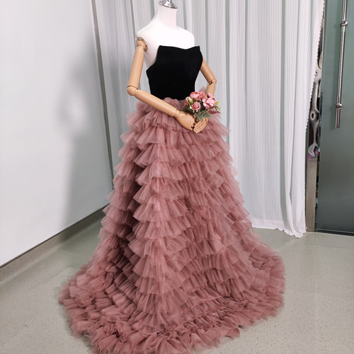 カラードレス ピンク ベアトップ ビロード チュールスカート  
