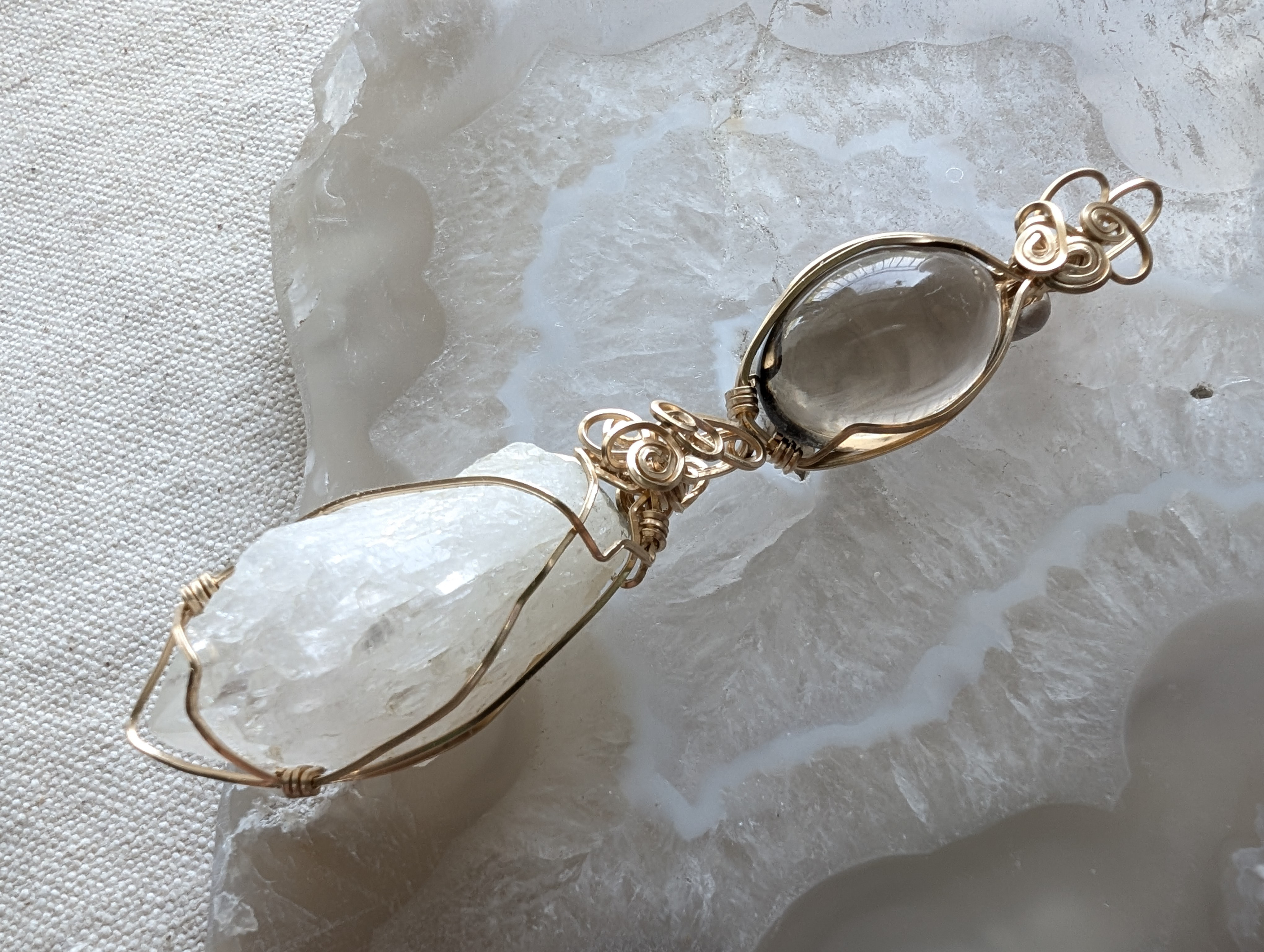 14kgf 日本産 秋田県 水晶 スモーキークォーツ ゴールドフィルド ワイヤー ペンダント