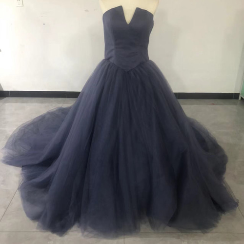 カラードレス ジュエルブルー ベアトップ ソフトチュール ロング  