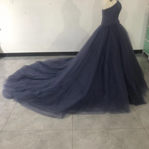 カラードレス ジュエルブルー ベアトップ ソフトチュール ロング  