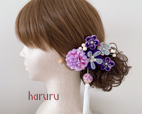 プリザ紫陽花とちりめん玉とチュールの髪飾り 和装 卒業式 成人式 和玉 つまみ細工の髪飾り【紫と白 ちりめん玉の房飾り】成人式 振袖