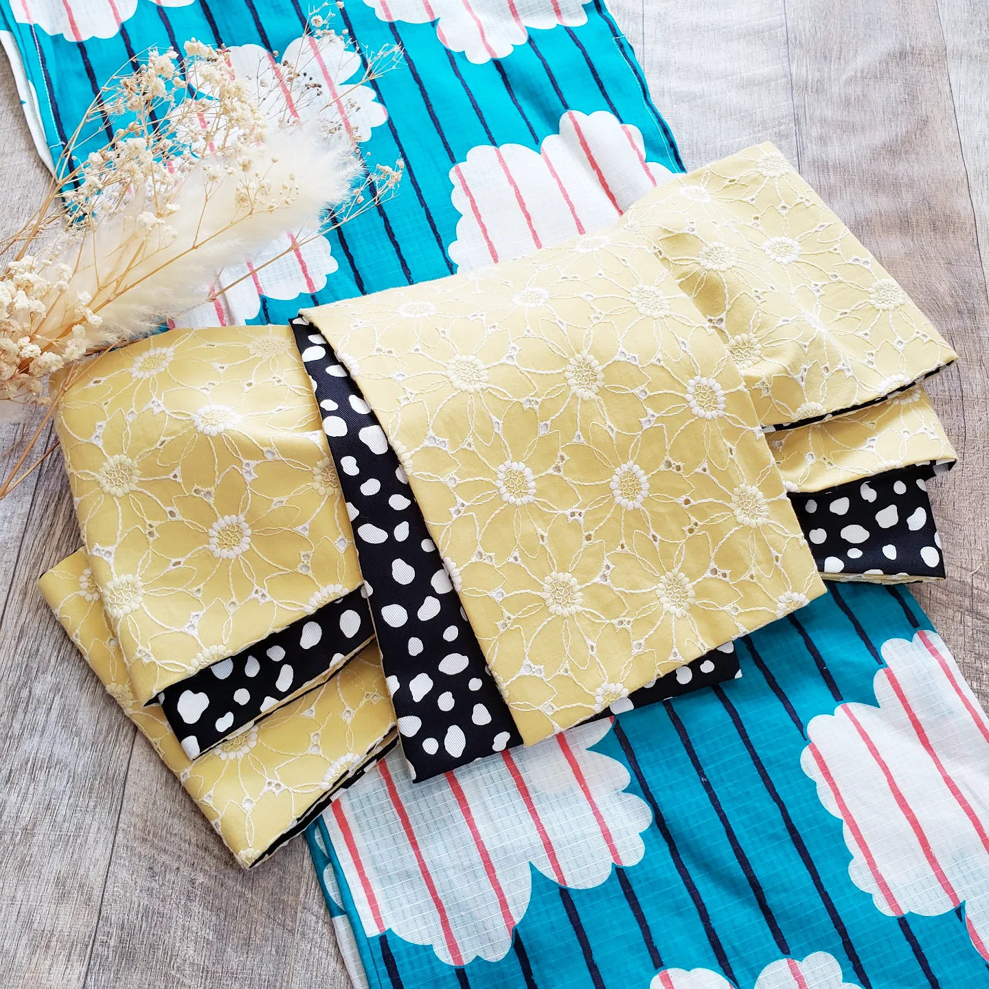 【半幅帯】フラワーコットンレースにモノクロ水玉/イエロー 黄色 白 黒 花柄⭐送料込み⭐