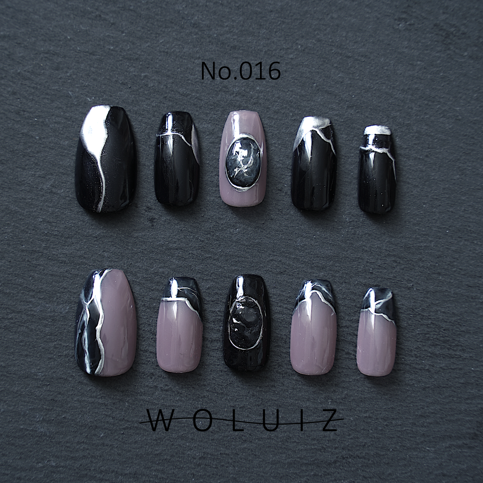 【No.016】くすみピンク × ブラック × シルバー　ネイルチップ