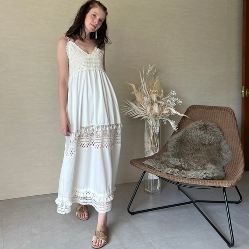 新送0】クロシェ編みのレースたっぷりBohoワンピース【Bohoワンピ