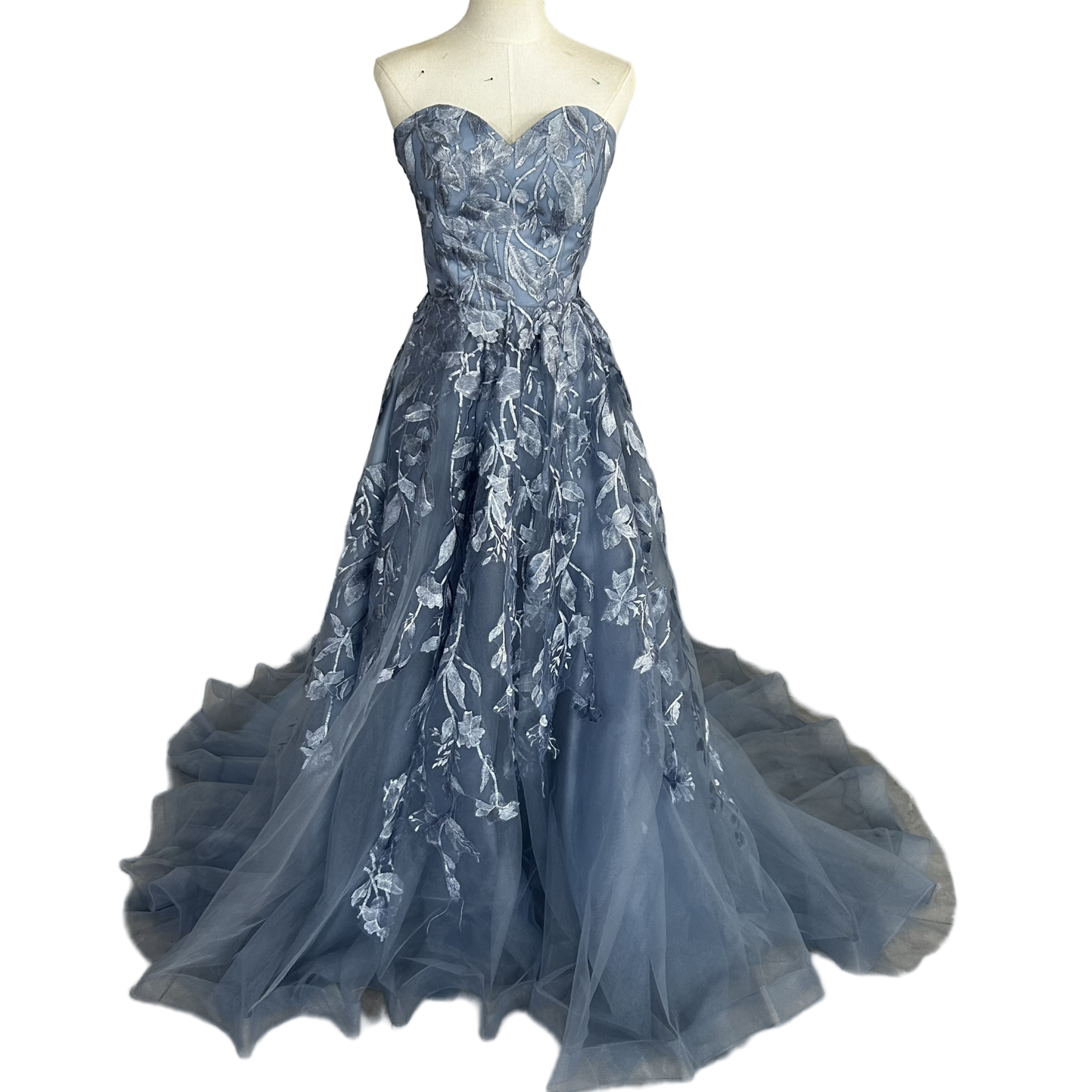 カラードレス レース ウエディングドレス 背中見せ ベアトップ   トレーン ブルーグレー