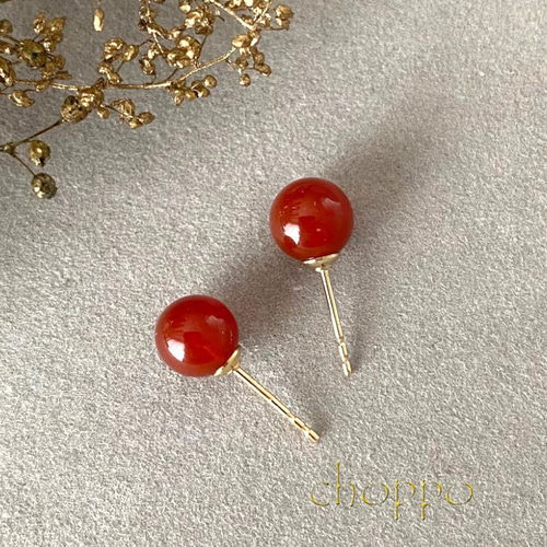 レッドアゲートのスタッドピアス 14㎏f 6㎜ 赤 シンプル ミニマム