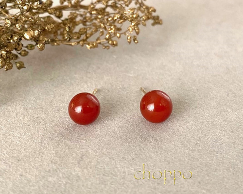 レッドアゲートのスタッドピアス 14㎏f 6㎜ 赤 シンプル ミニマム