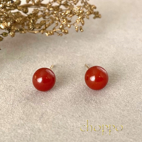 レッドアゲートのスタッドピアス 14㎏f 6㎜ 赤 シンプル ミニマム