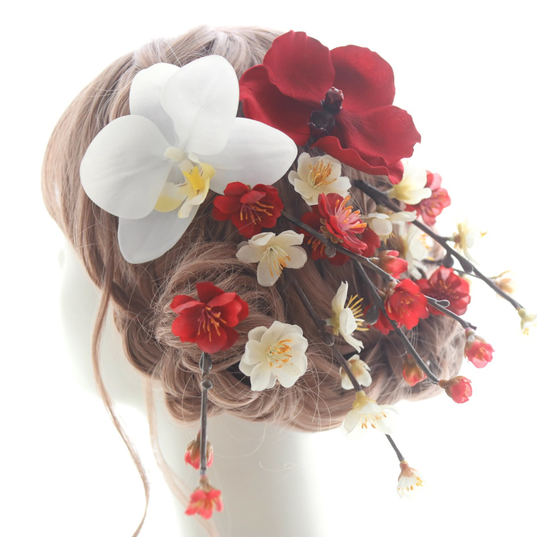 髪飾り　胡蝶蘭　梅　紅白　白　赤　結婚式　ウェディング　和婚　白無垢　打掛け　成人式　卒業式　ヘッドドレス
