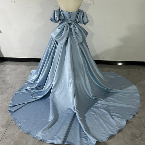 カラードレス エレガント ブルー Aライン ベアトップ パフスリーブ  