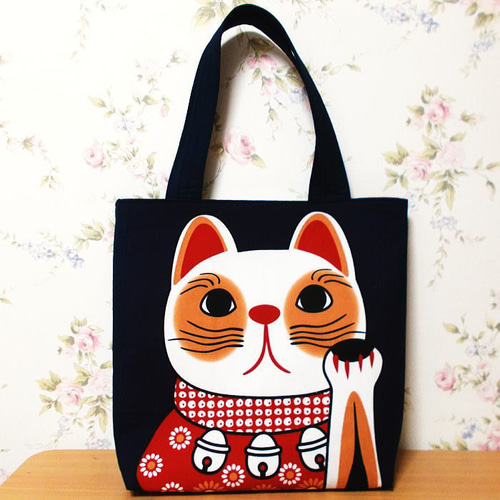 大きめトートバッグ 大きな招き猫 ハンドメイド ショルダーバッグ A4 
