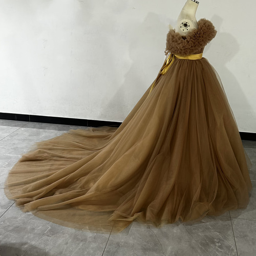 ブラウンカラードレス オフショルダーの2WAYドレス ロング