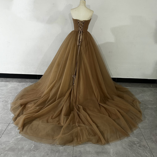 ブラウンカラードレス オフショルダーの2WAYドレス ロングトレーン