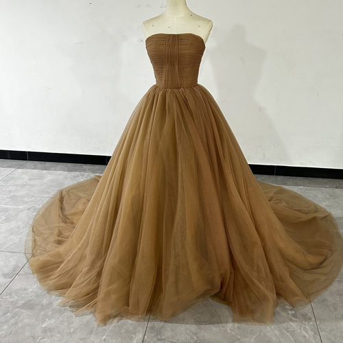 ブラウンカラードレス オフショルダーの2WAYドレス ロングトレーン