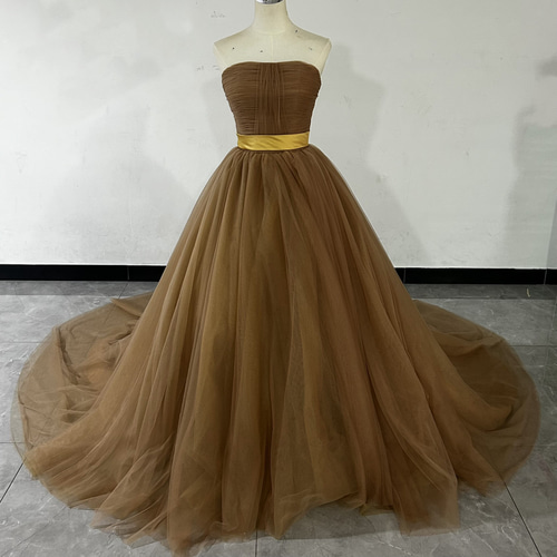 ブラウンカラードレス オフショルダーの2WAYドレス ロングトレーン