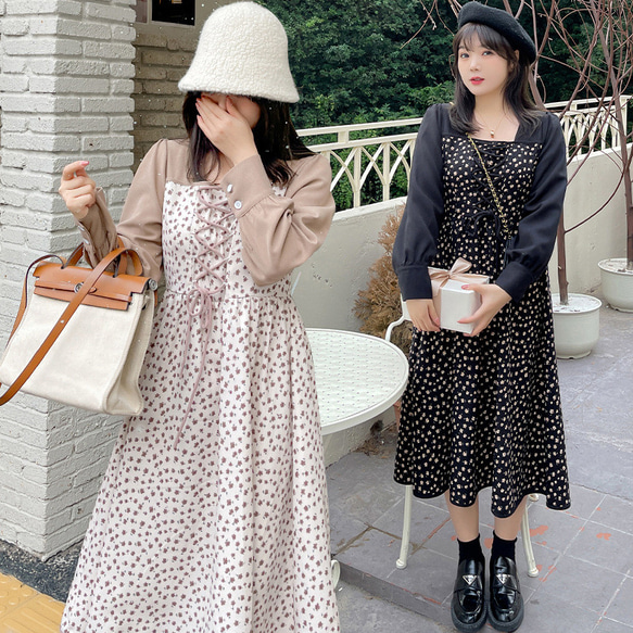 秋冬新作 XL~5XL 大きいサイズ ロング花柄フェイクツーピース