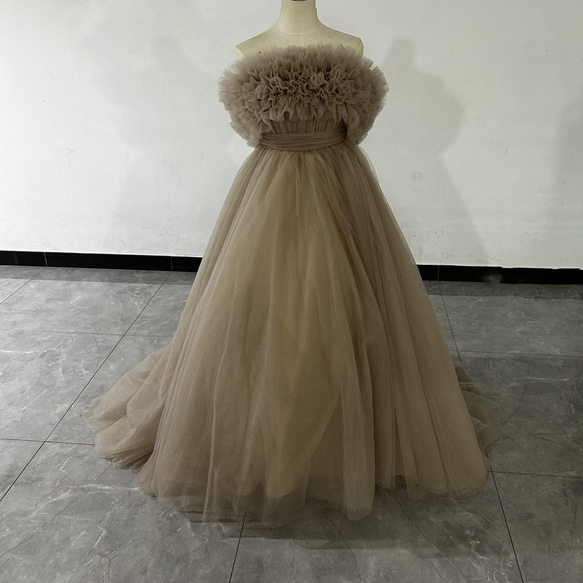 カーキ色 カラードレス オフショルダーの2WAYドレスパーティードレス  