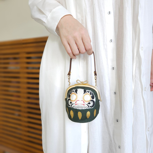 手描き目玉 だるまがま口 小銭入れ ハンドル付きポーチ 開運祈願