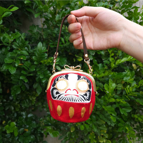 手描き目玉 だるまがま口 小銭入れ ハンドル付きポーチ 開運祈願
