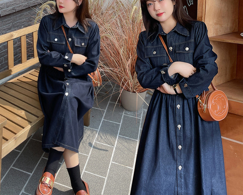 ロングワンピース デニム  ネイビー ワイドカラー S/XL 大きいサイズ フロントジップデニムワンピース GEVS. 通販