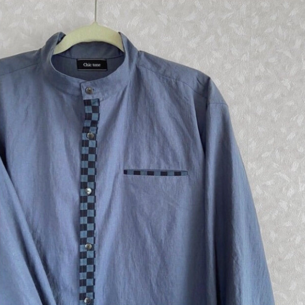 市松模様 メンズシャツ リネンシャツ 綿麻ライトキャンバス  体型カバー