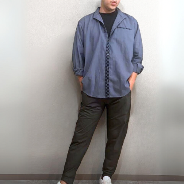 市松模様 メンズシャツ リネンシャツ 綿麻ライトキャンバス  体型カバー