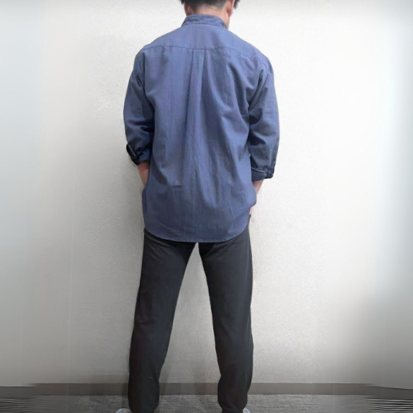 市松模様 メンズシャツ リネンシャツ 綿麻ライトキャンバス  体型カバー