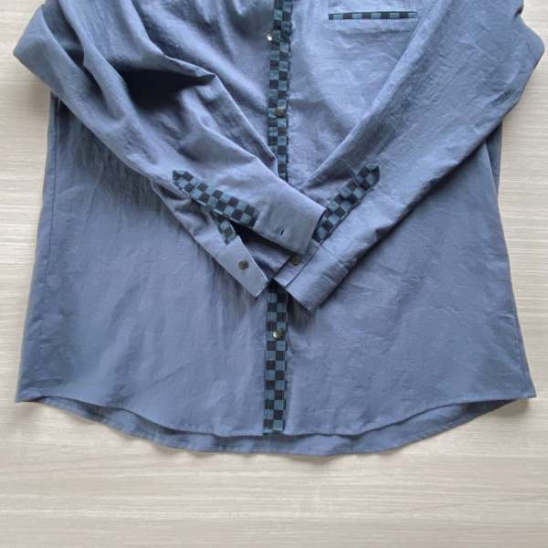 市松模様 メンズシャツ リネンシャツ 綿麻ライトキャンバス  体型カバー