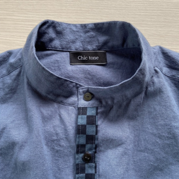 市松模様 メンズシャツ リネンシャツ 綿麻ライトキャンバス  体型カバー