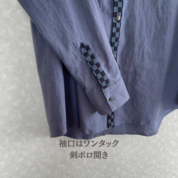 市松模様 メンズシャツ リネンシャツ 綿麻ライトキャンバス  体型カバー