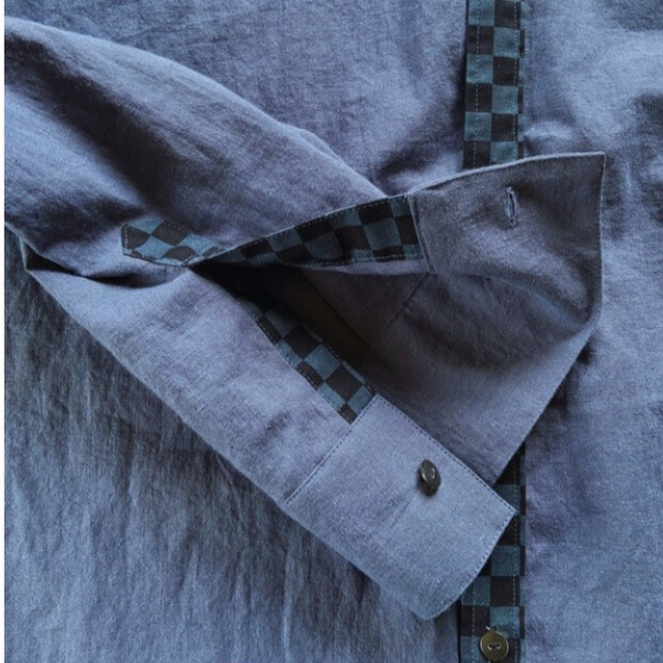 市松模様 メンズシャツ リネンシャツ 綿麻ライトキャンバス  体型カバー