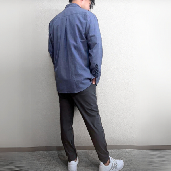 市松模様 メンズシャツ リネンシャツ 綿麻ライトキャンバス  体型カバー