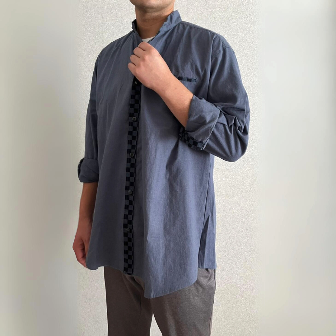 市松模様 メンズシャツ リネンシャツ 綿麻ライトキャンバス  体型カバー