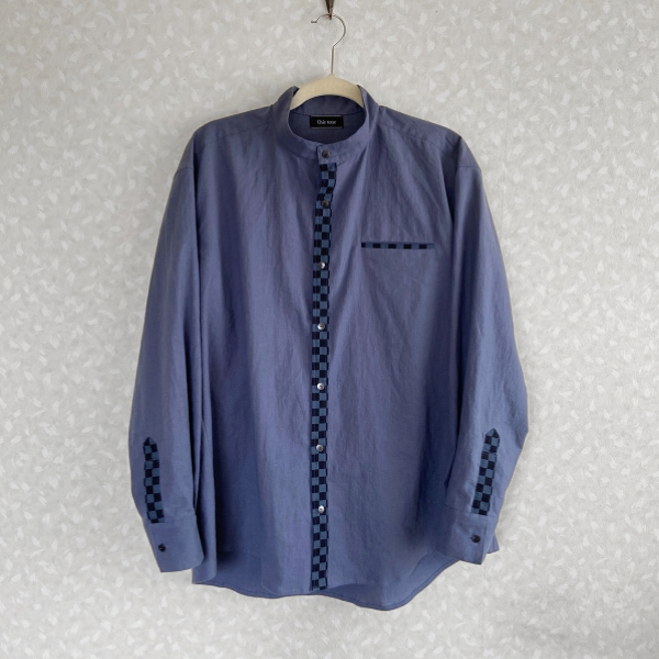 市松模様 メンズシャツ リネンシャツ 綿麻ライトキャンバス  体型カバー