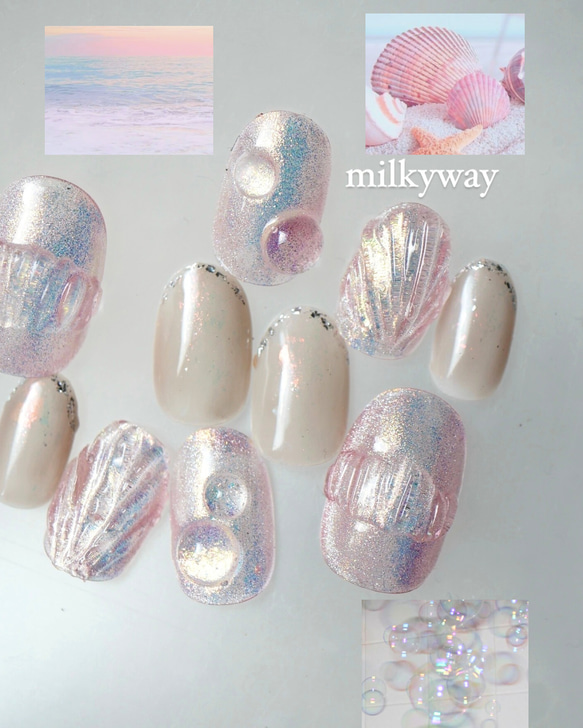 ネイルチップ ニュアンスちゅるん夏ネイルシェルピンクオーロラシャボン玉no.82 ネイルチップ ニュアンスちゅるん夏ネイルシェルピンクオーロラ