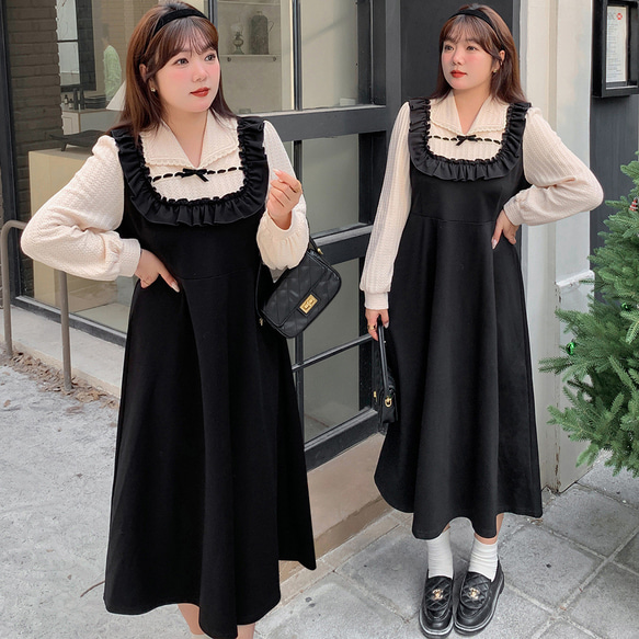 秋冬新作 XL~5XL 大きいサイズ ロングフェイクツーピースリトル  